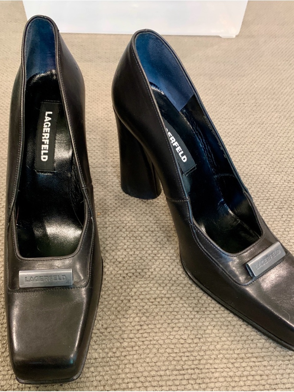 Vintage Karl Lagerfeld Black Leather Square Toe Pumps